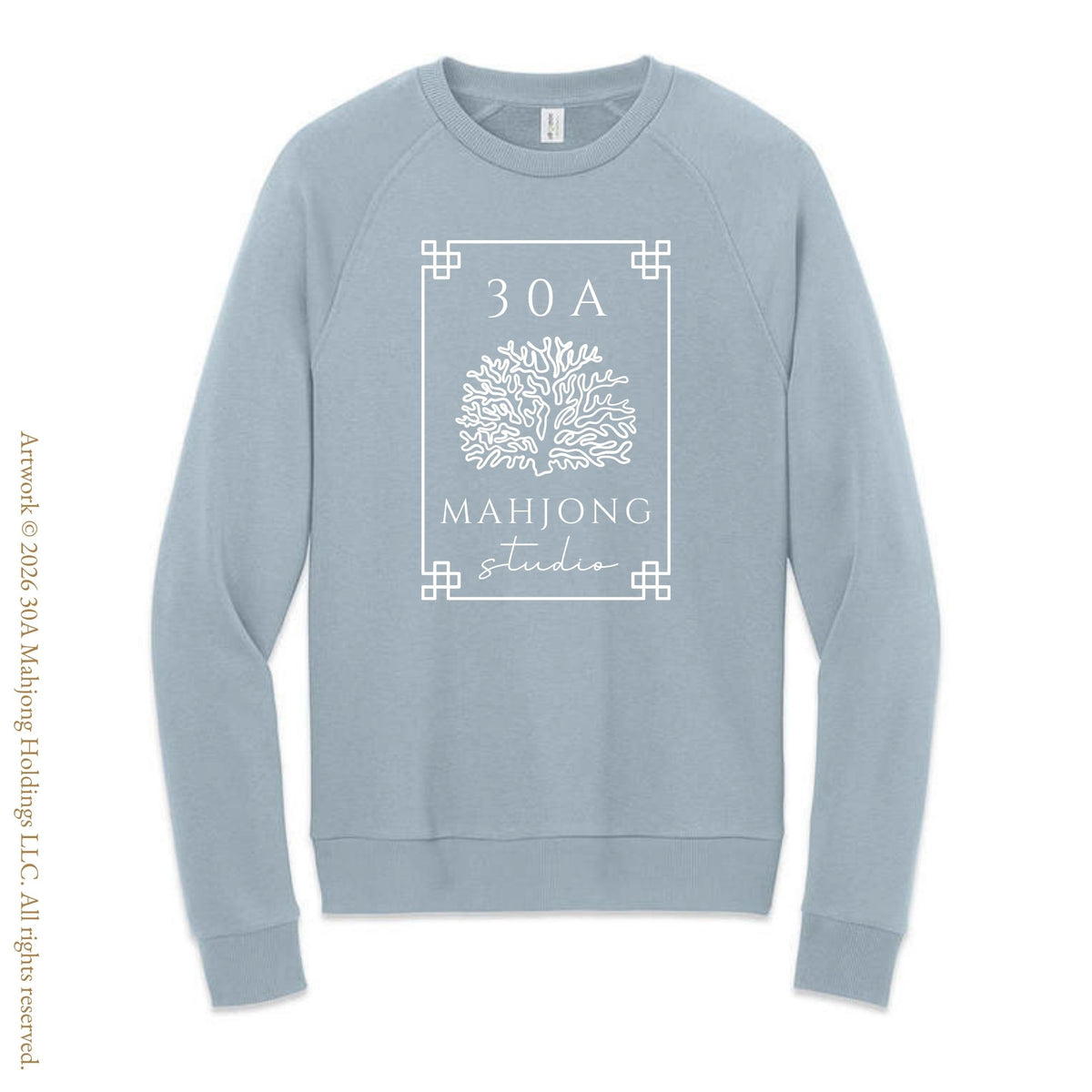 Light blue sweatshirt with '30A Mahjong Studio' design on a white background Artwork © 2026 30A Mahjong Holdings LLC. All rights reserved.