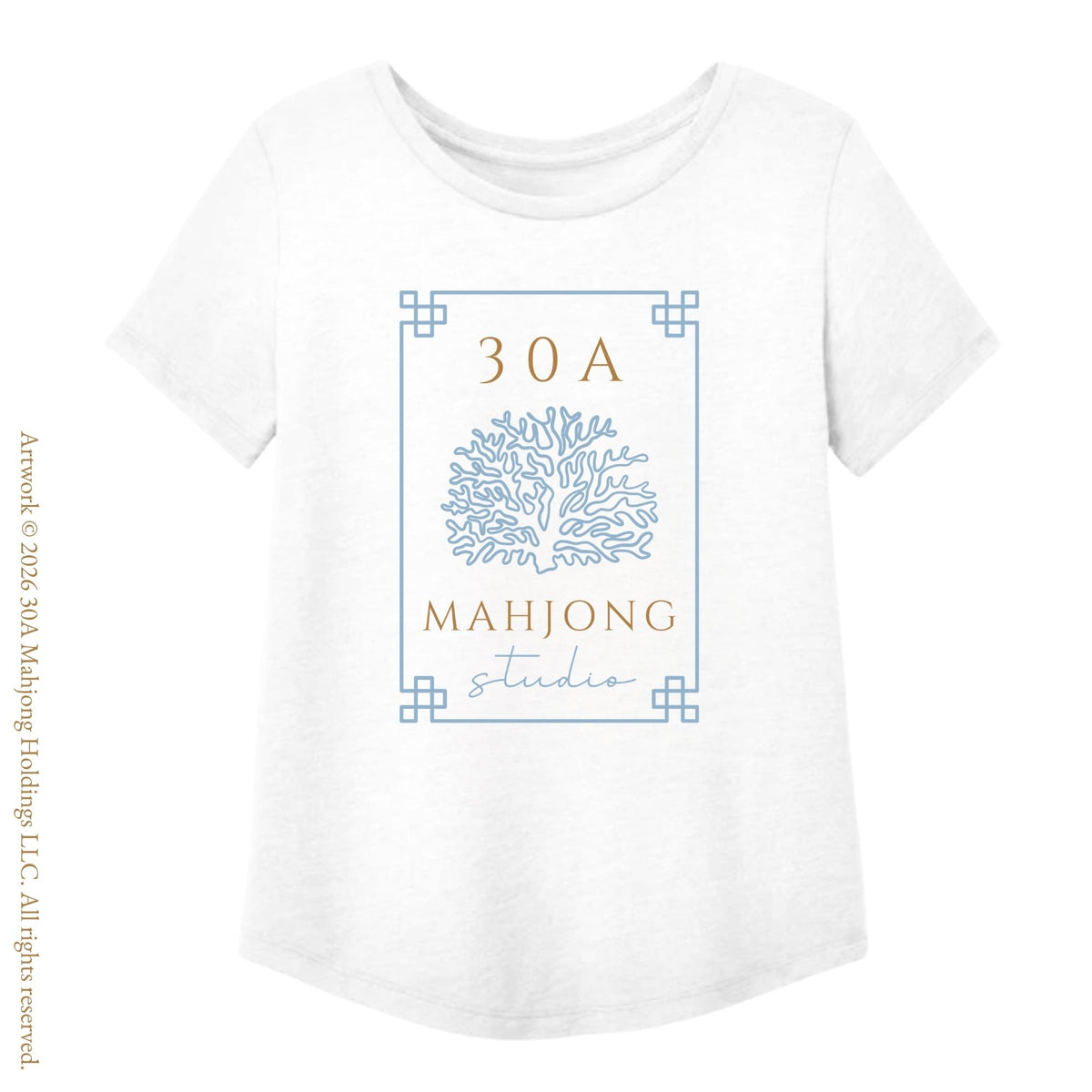 White t-shirt with 'Mahjong Studio' design featuring a tree and text on a white background. Artwork © 2026 30A Mahjong Holdings LLC. All rights reserved.