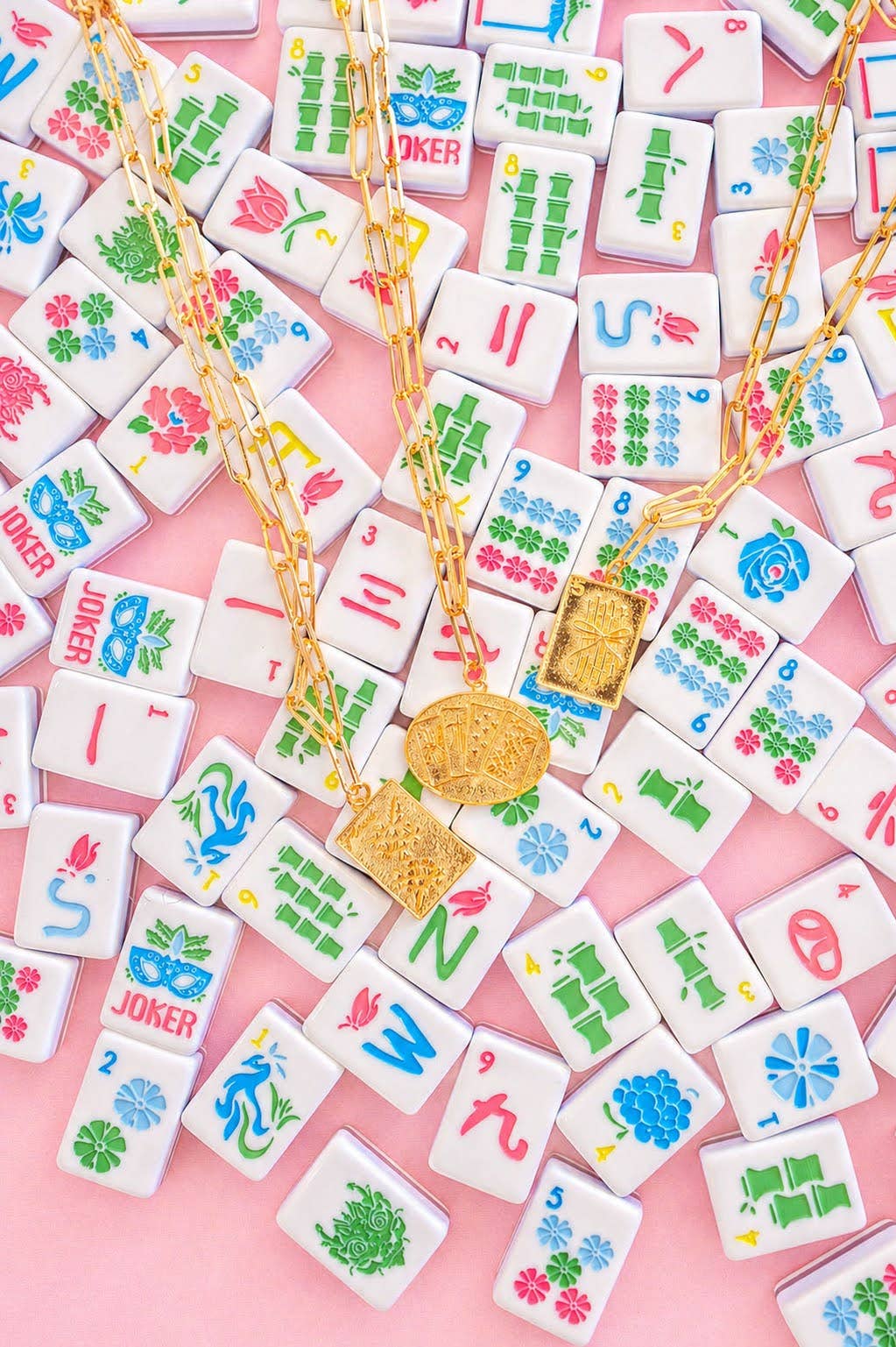 Mahjong Charm Tile Necklace- Paper Clip chain- 18k Gold Plated - WS