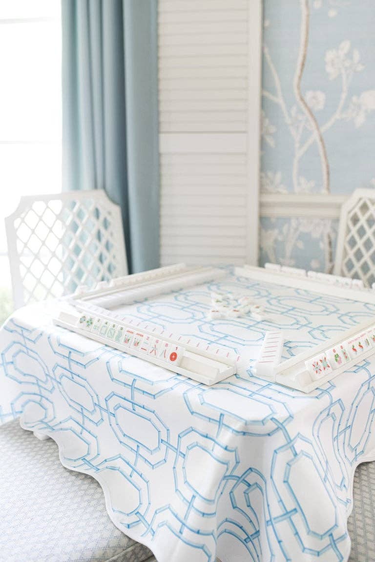 Mahjong Scalloped Square Table Topper | Sky Blue Bamboo Chain