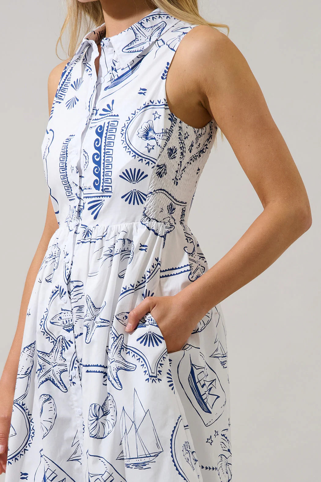 Seaside Coastal Dress | White Navy Button Down Midi