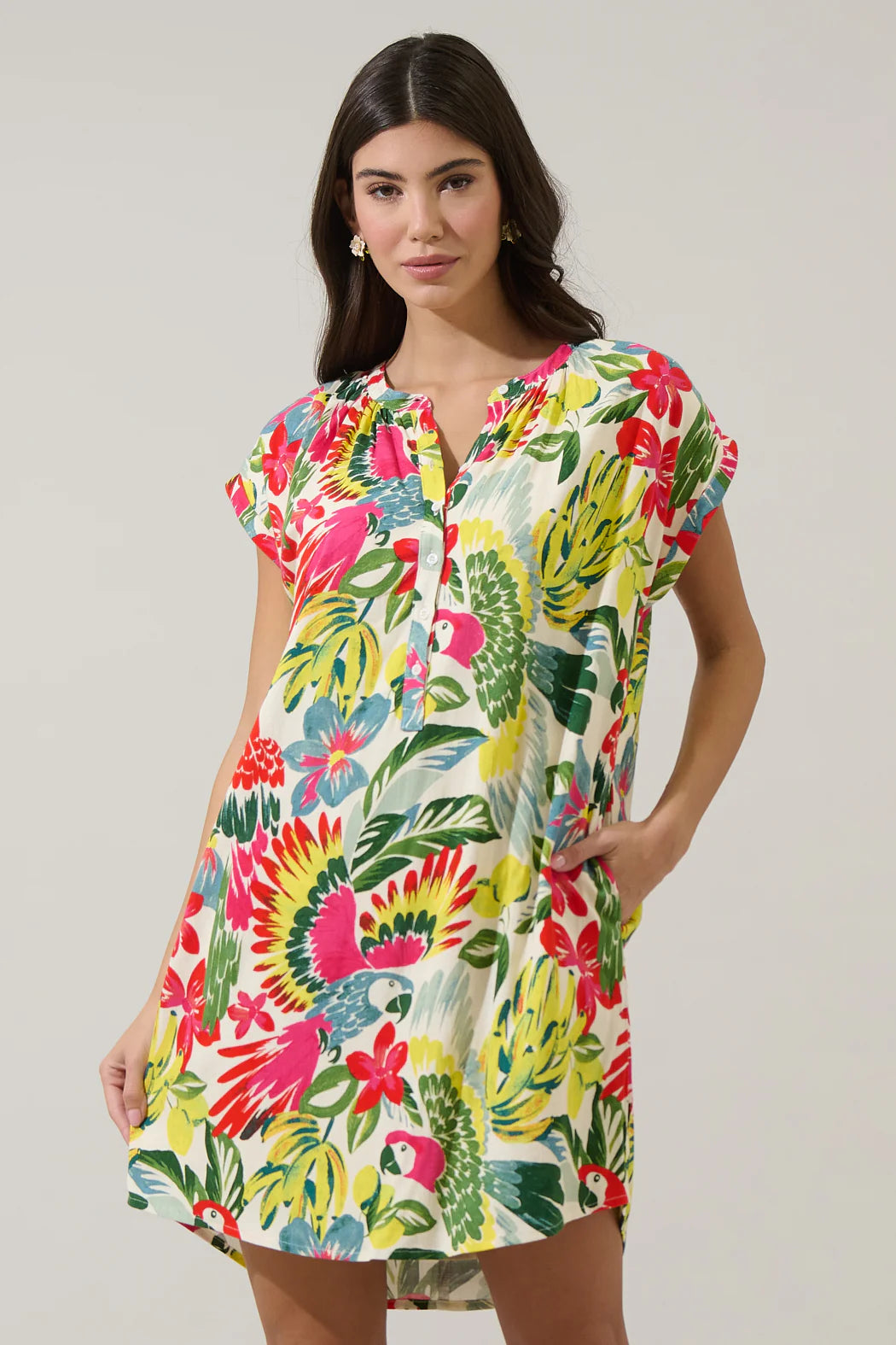 Tropical Bird Dress | Bright Multi Shift Mini Dress