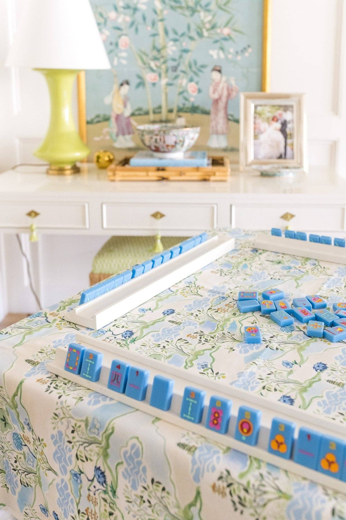 Mahjong Scalloped Square Table Topper | Blue Pagoda