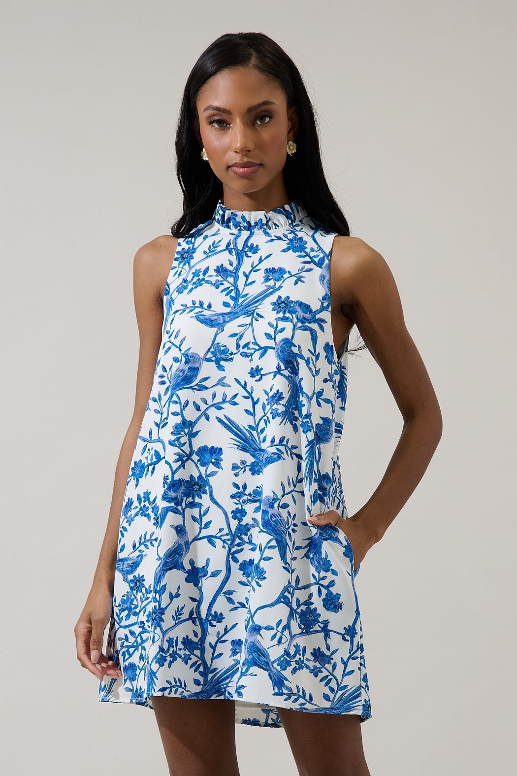 Blue Bird Trapeze Mahjong Mini Dress