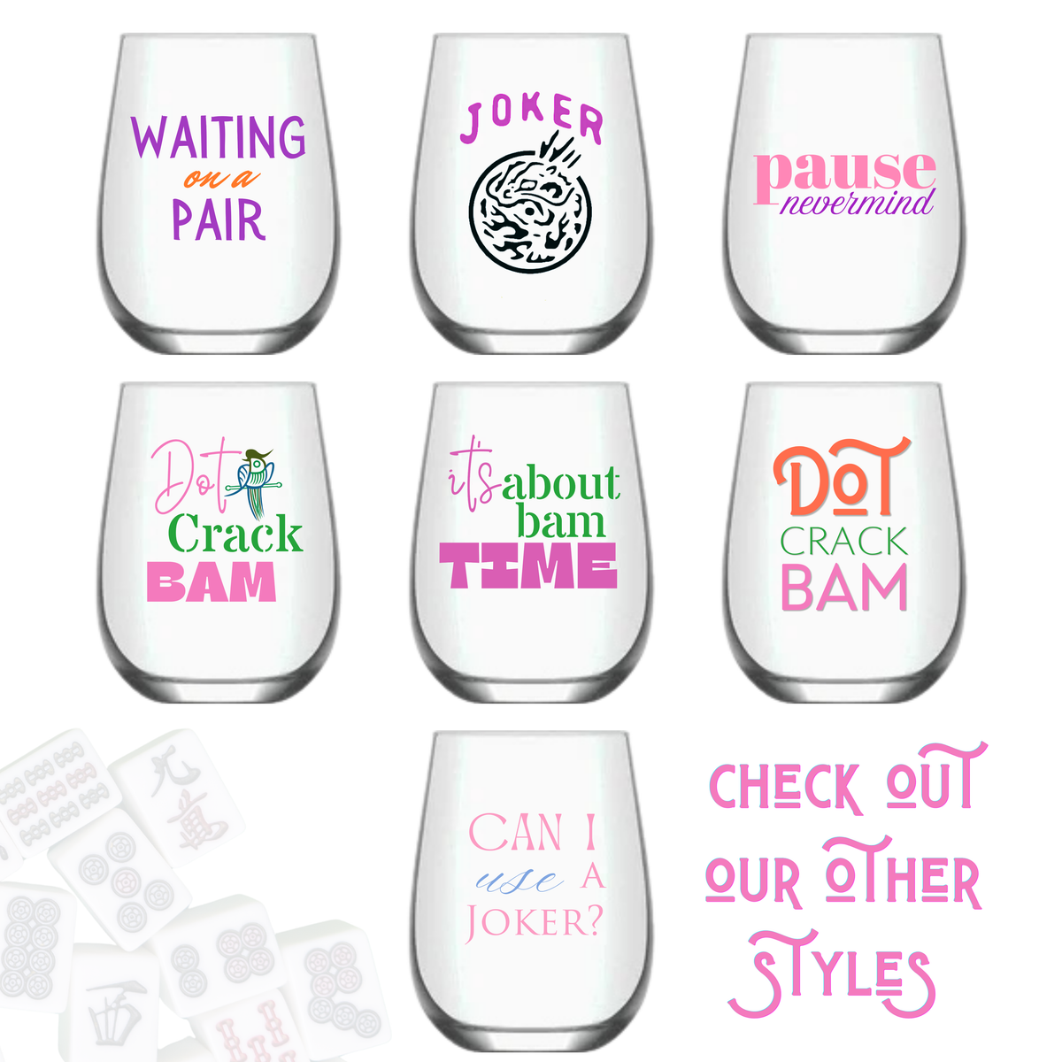 Mahjong Stemless 4ct Set Wine Glasses "Can I Use a Joker"