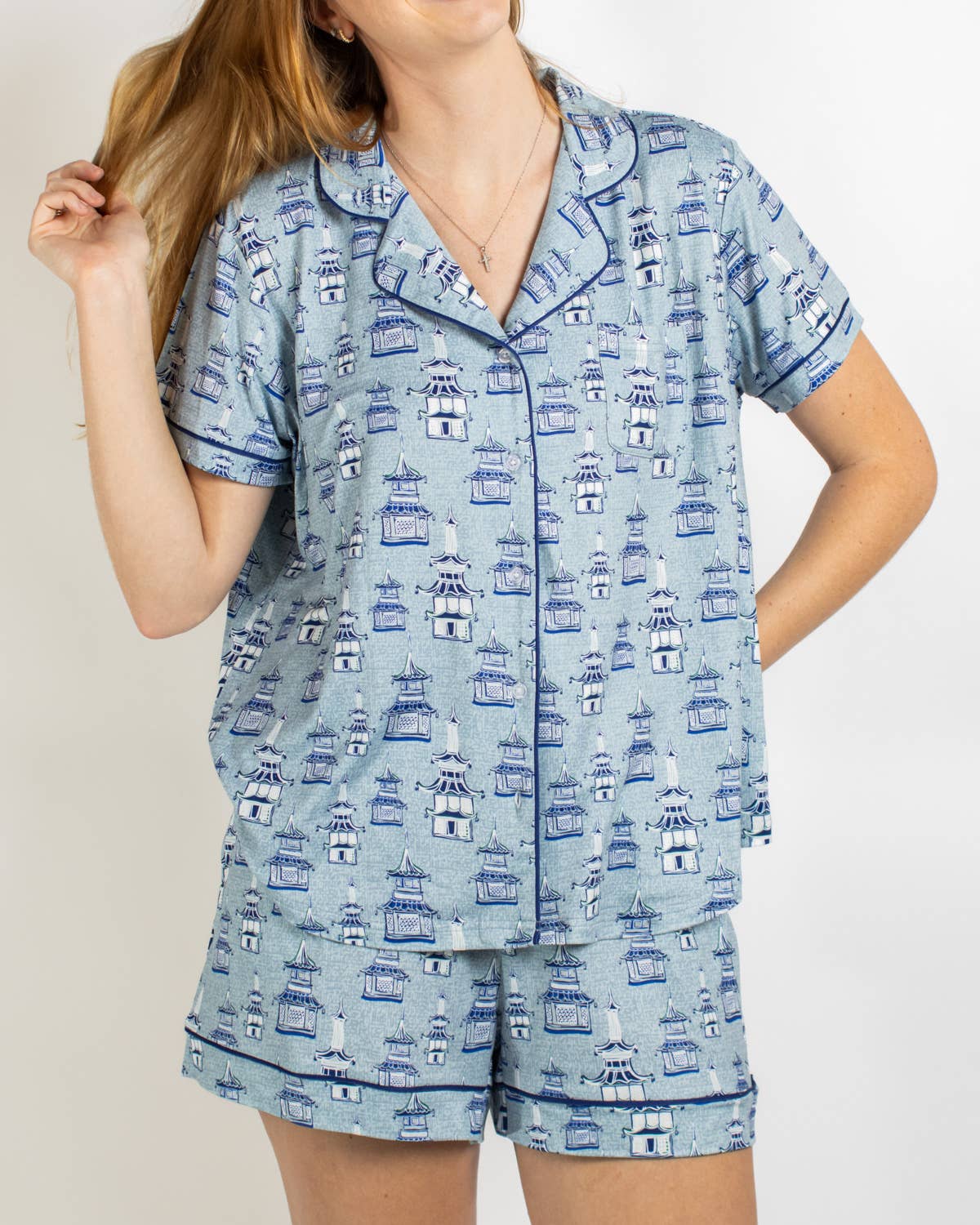 Pagoda Blue Pajama Top | Mahjong Inspired Sleepwear