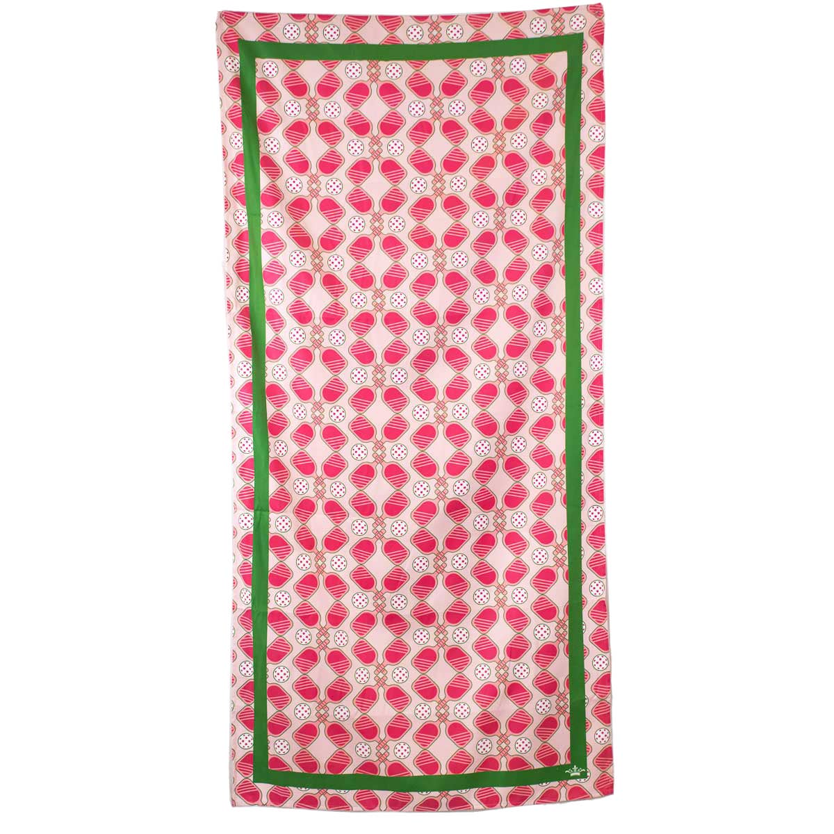 Patterned fabric with pink and green design on a white background