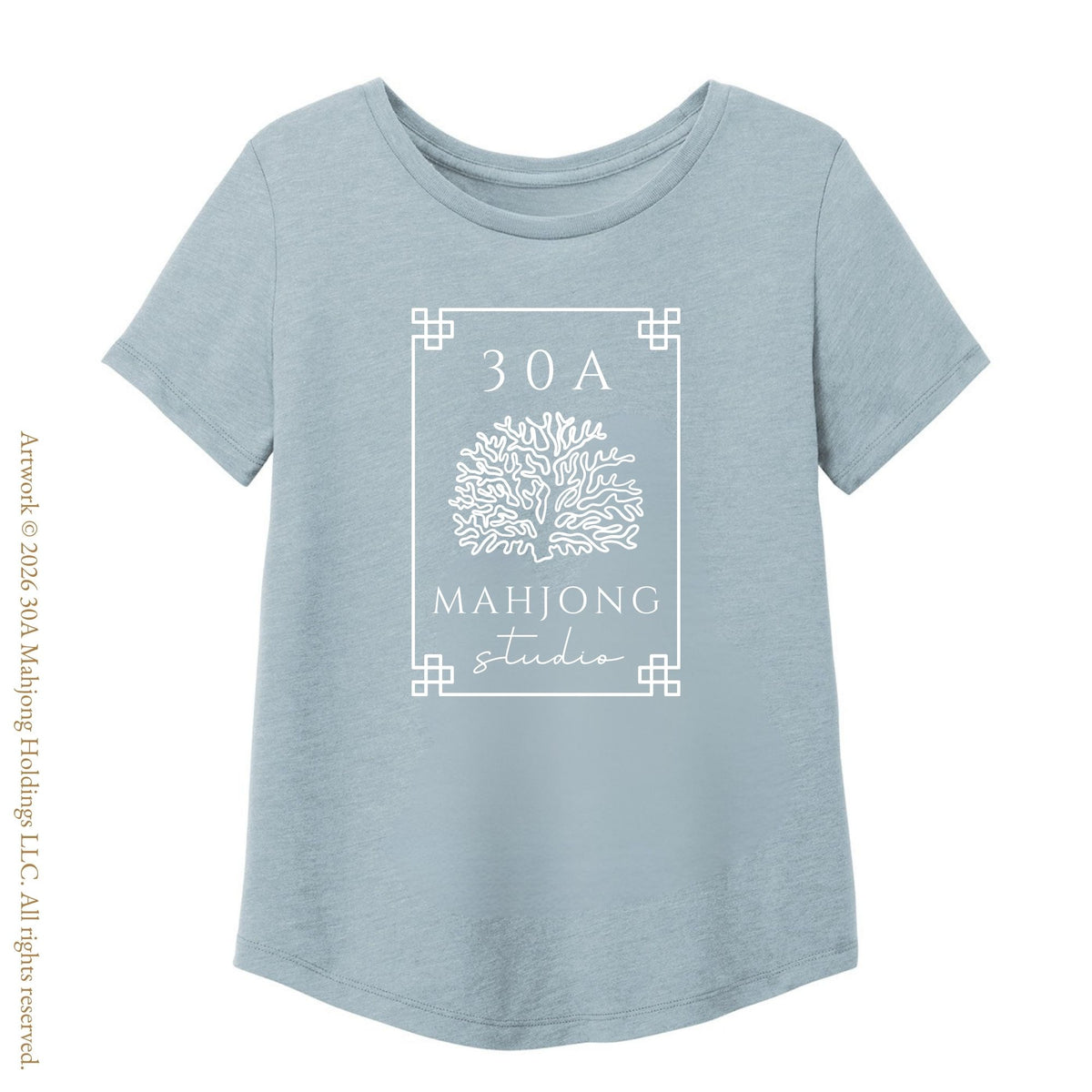 Light blue t-shirt with '30A Mahjong Studio' logo on a white background Artwork © 2026 30A Mahjong Holdings LLC. All rights reserved.