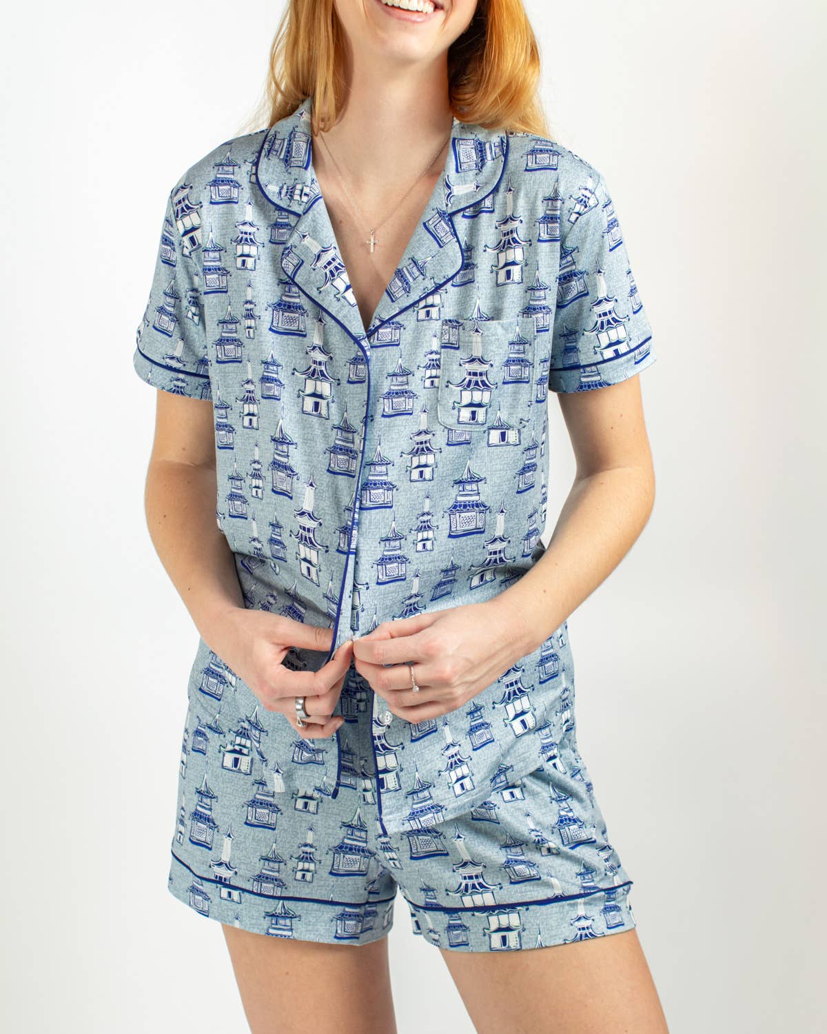 Pagoda Blue Pajama Top | Mahjong Inspired Sleepwear