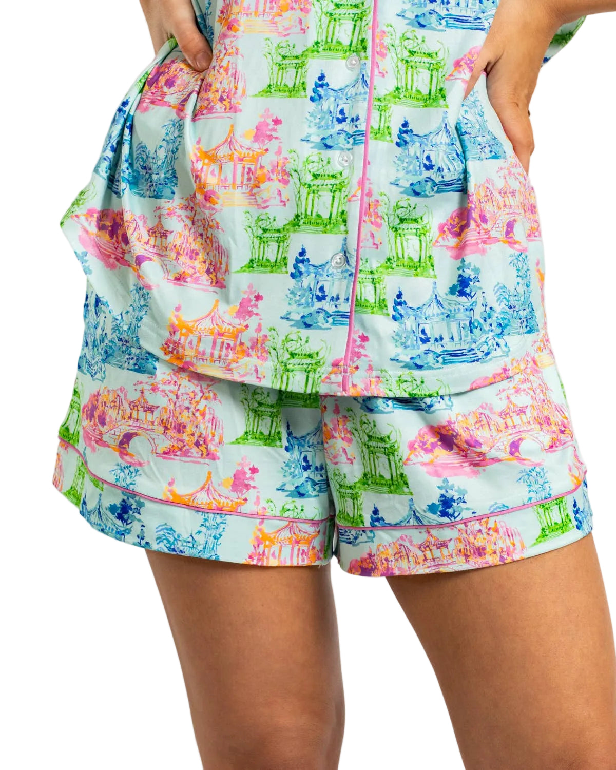 Colorful Pagoda Sleep Shorts | Mahjong Inspired Pajama Shorts