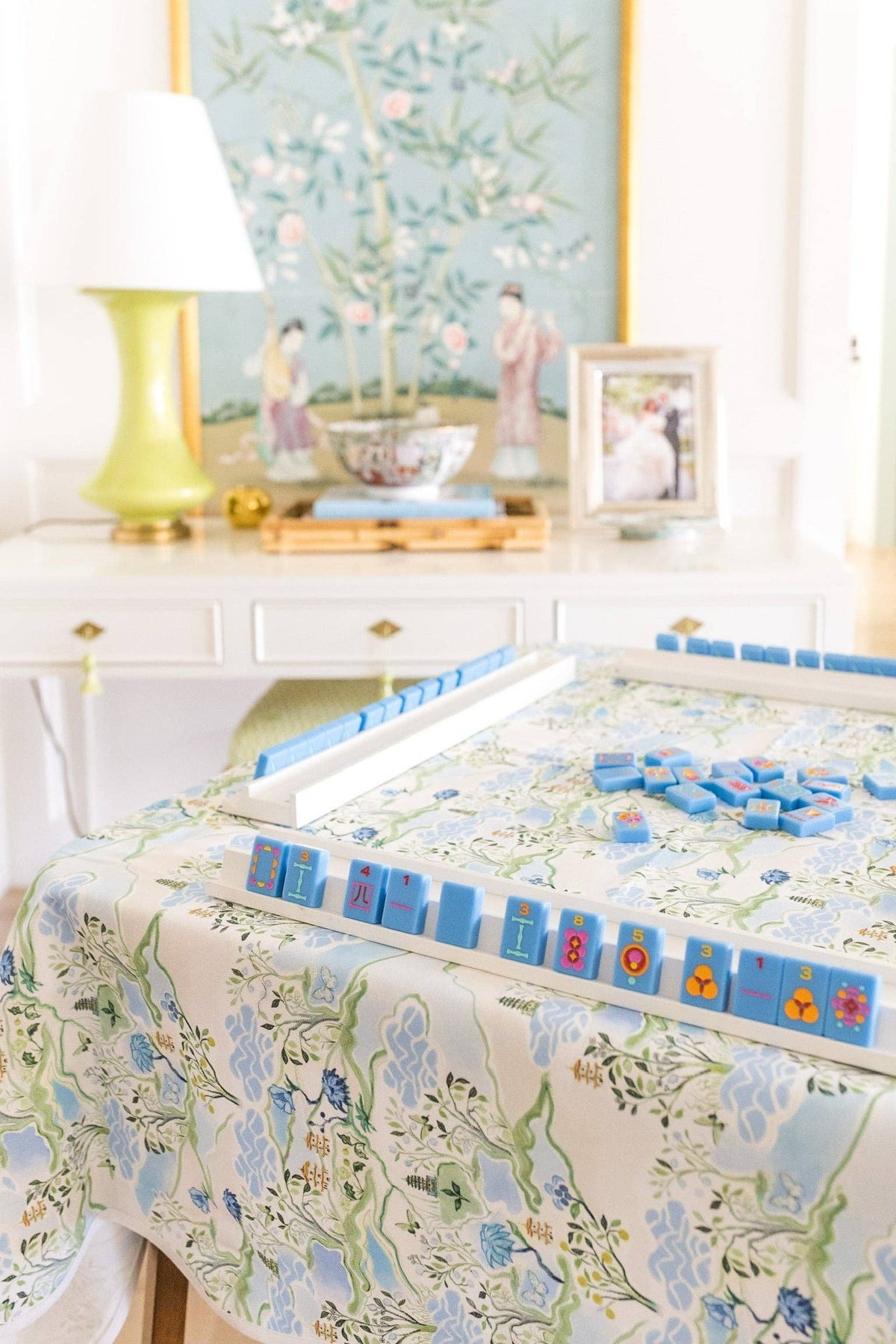 Mahjong Scalloped Square Table Topper | Blue Pagoda
