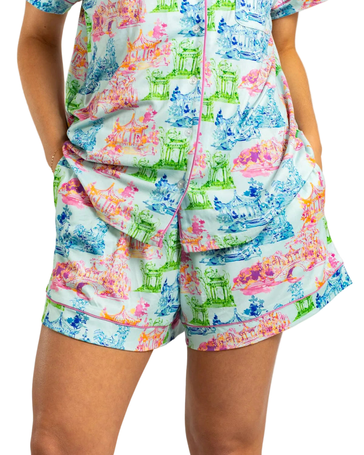 Colorful Pagoda Sleep Shorts | Mahjong Inspired Pajama Shorts