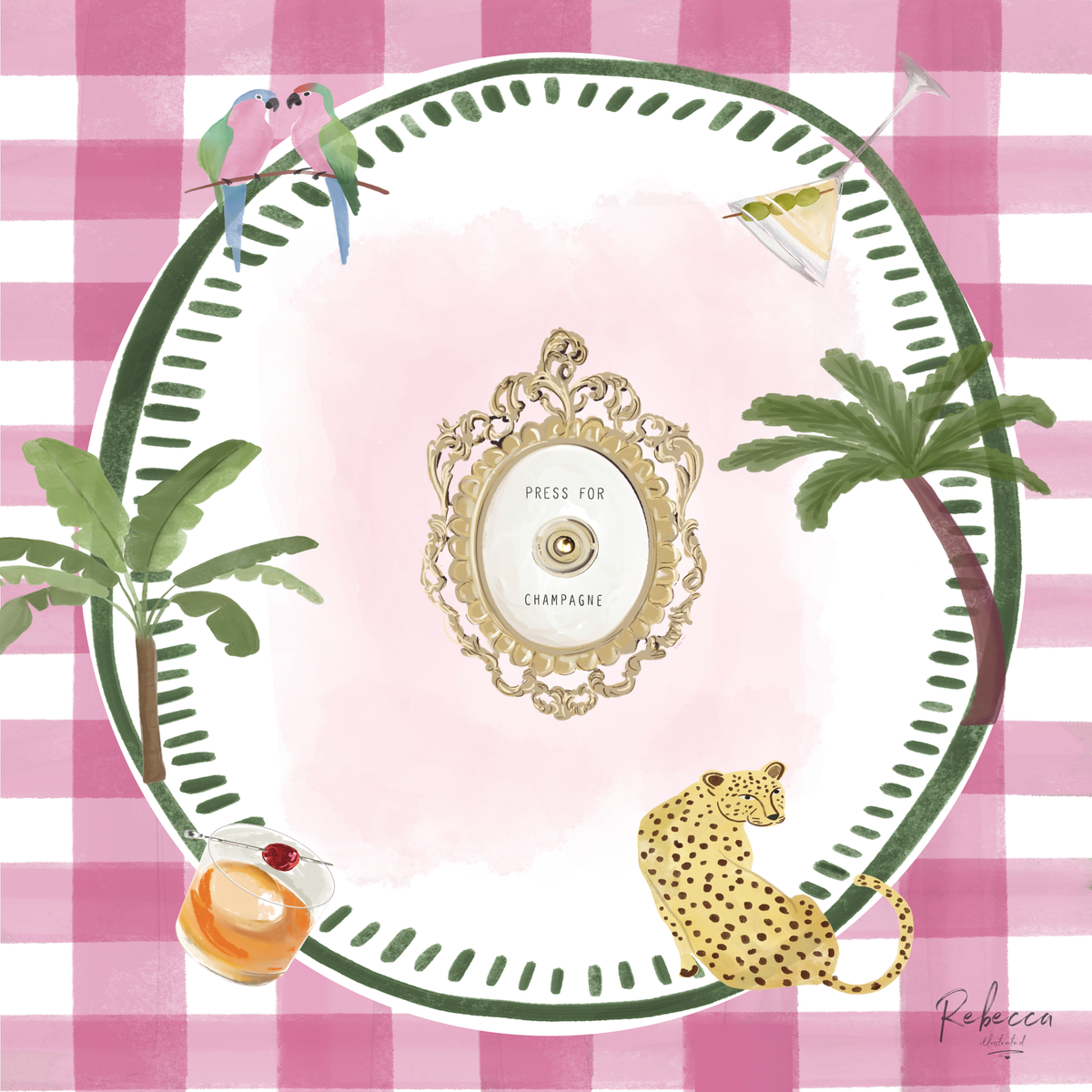 Press for Champagne — Pink Gingham Mahjong Mat