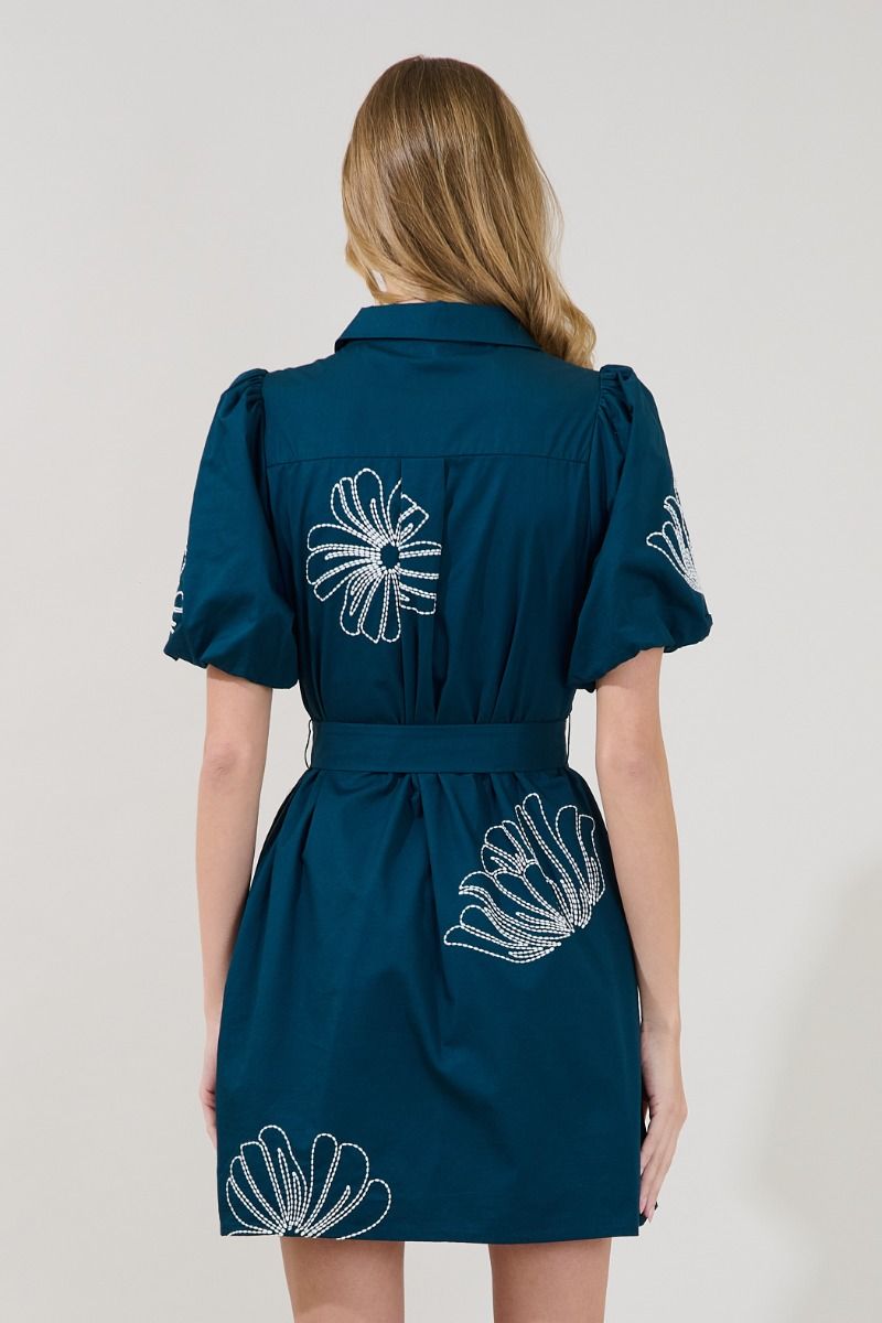 The Embroidered Mahjong Shirt Mini Dress in Navy Blue