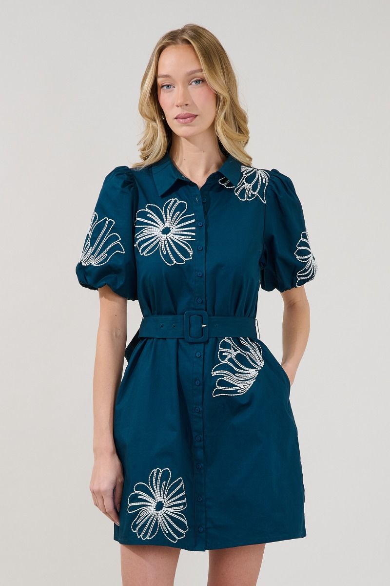 The Embroidered Mahjong Shirt Mini Dress in Navy Blue