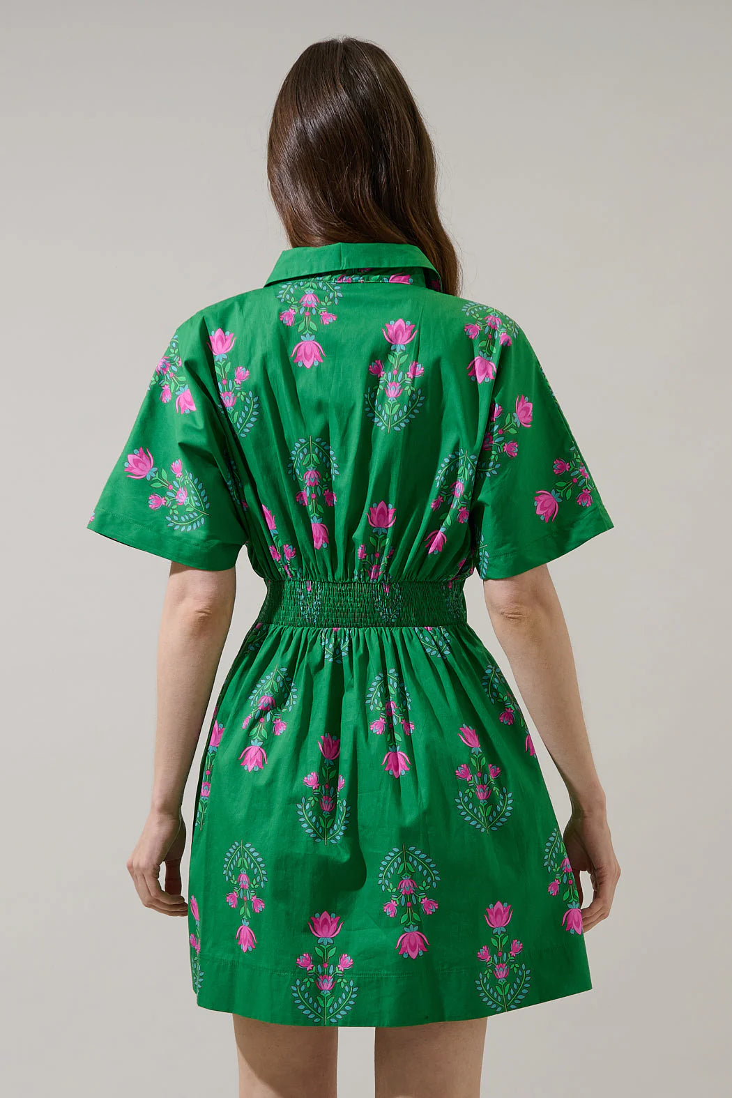 Green & Hot Pink Flower Mahjong Dress