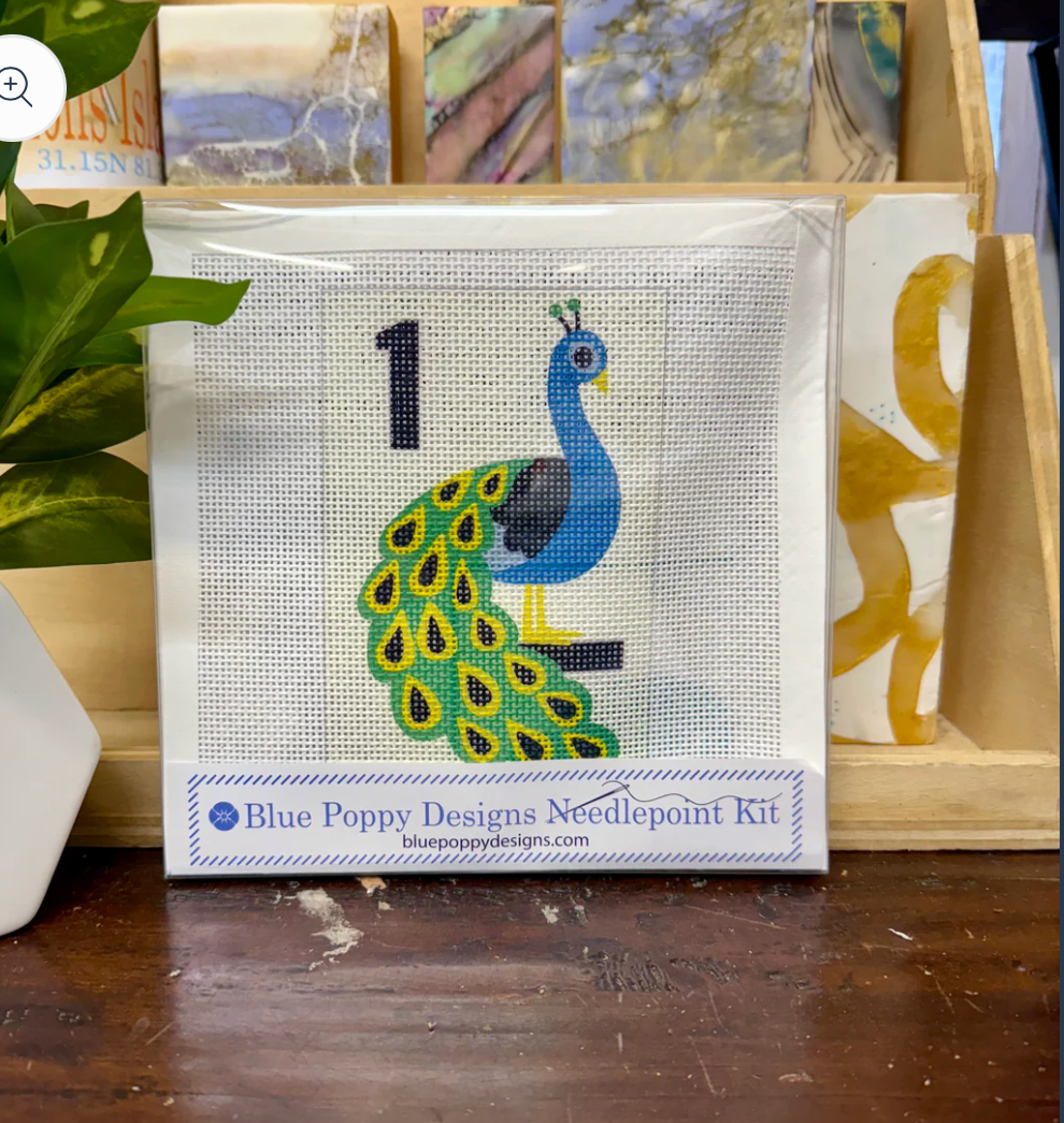 Blue Poppy design -Peacock needlepoint