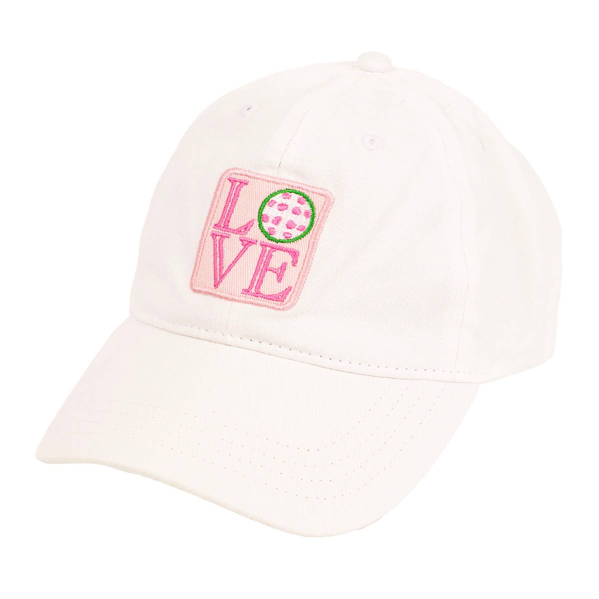White pickleball cap with pink 'LOVE' patch on a white background