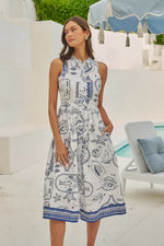 Seaside Coastal Dress | White Navy Button Down Midi
