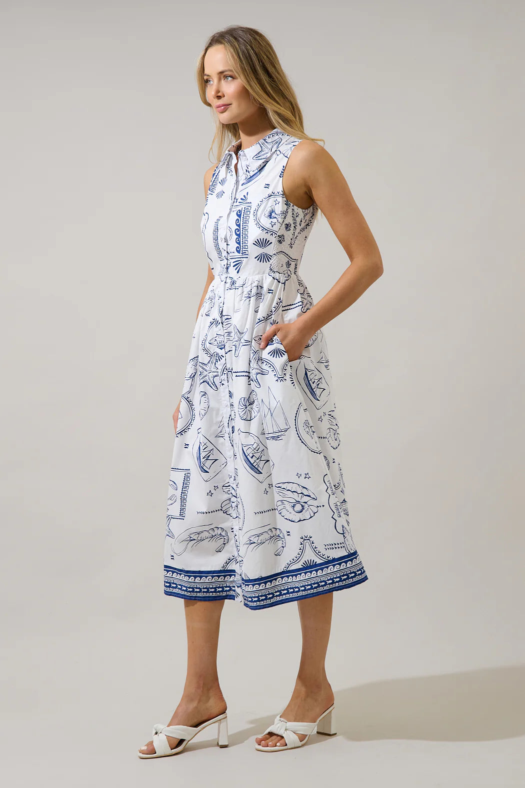 Seaside Coastal Dress | White Navy Button Down Midi