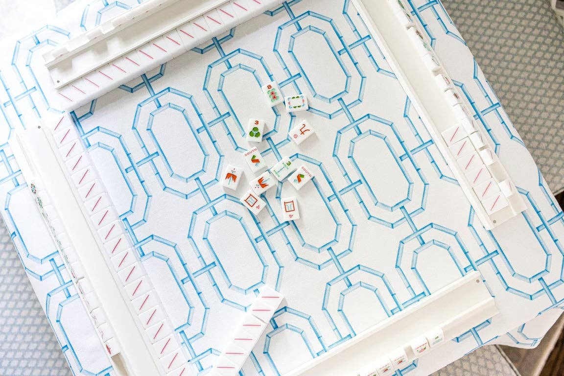 Mahjong Scalloped Square Table Topper | Sky Blue Bamboo Chain