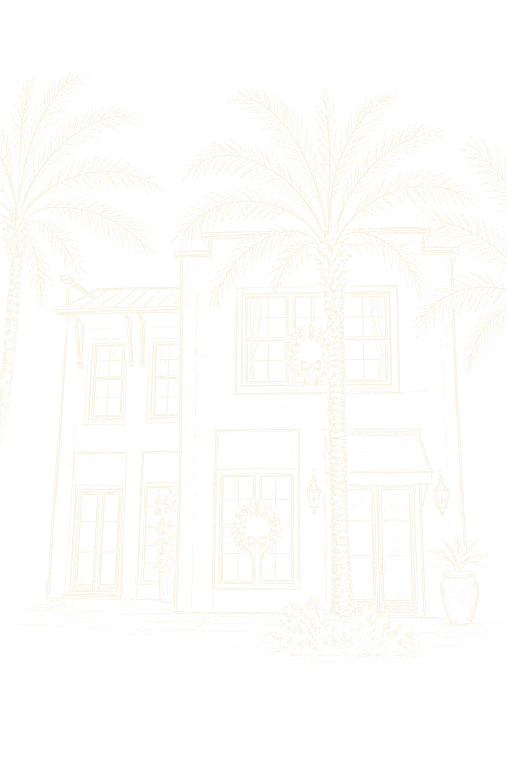 Illustration of the Sparrow 30A storefront with wreaths in the windows and palm trees out front